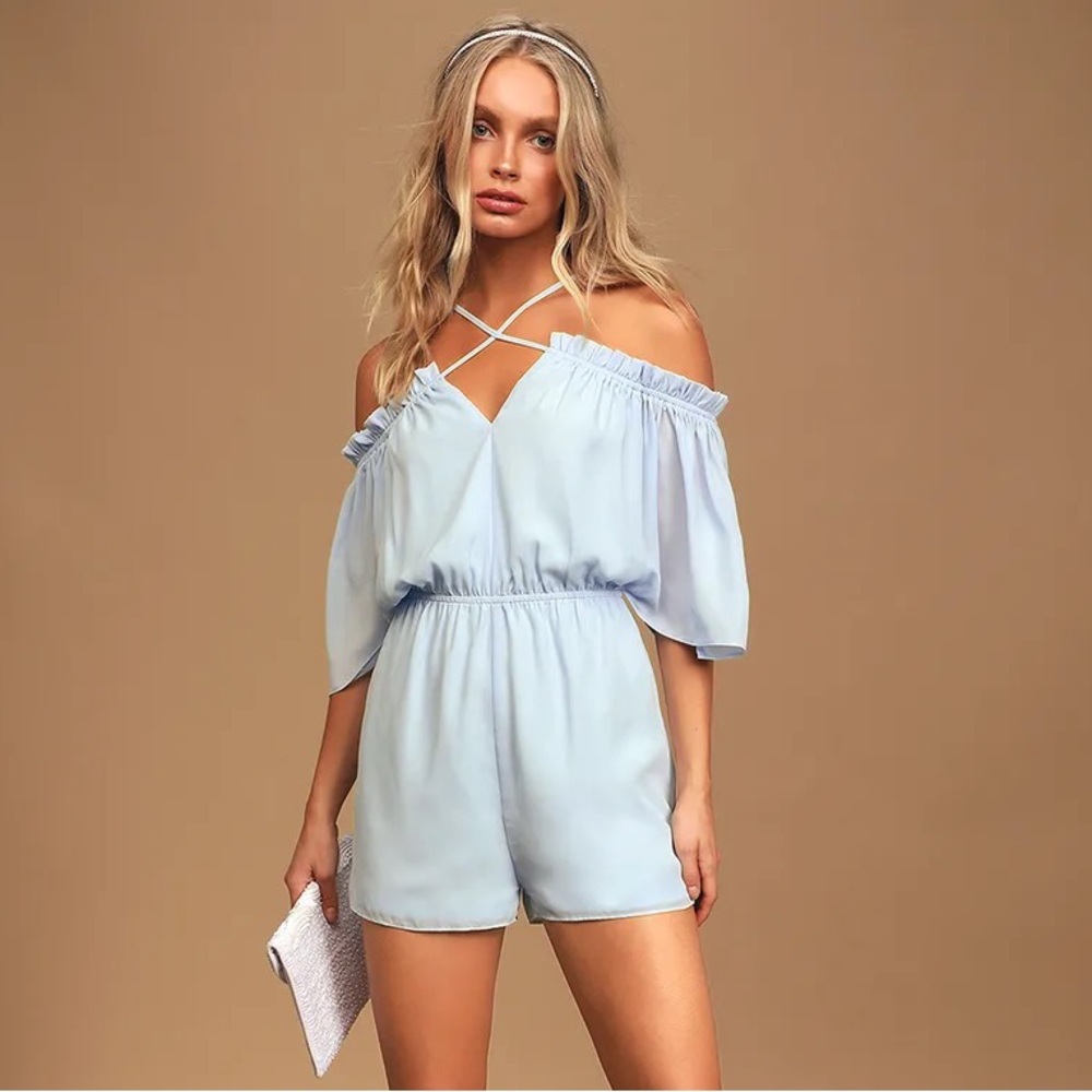 Lulu’s Catch Me Crushing Light Blue Ruffled Off-the-Shoulder Romper